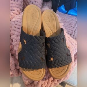 CROCS Tan and Black Slide Sandals